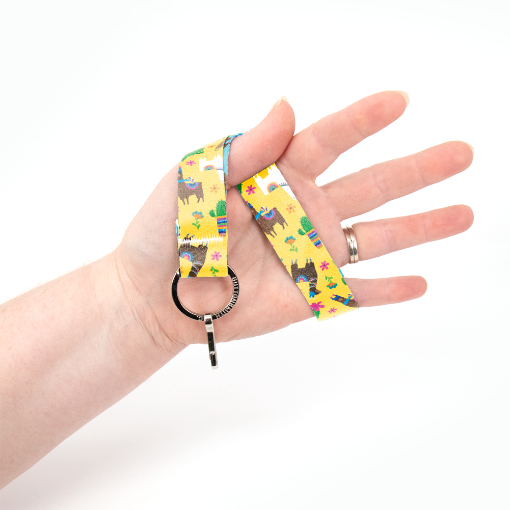 Llama Rama Yellow Wristlet Lanyard - Short Length with Flat Key Ring and Clip - Made in the USA