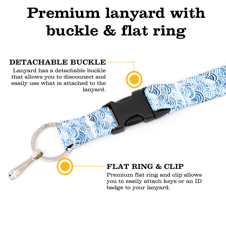 Blue Scallops Premium Lanyard - with Buckle and Flat Ring - Made in the USA