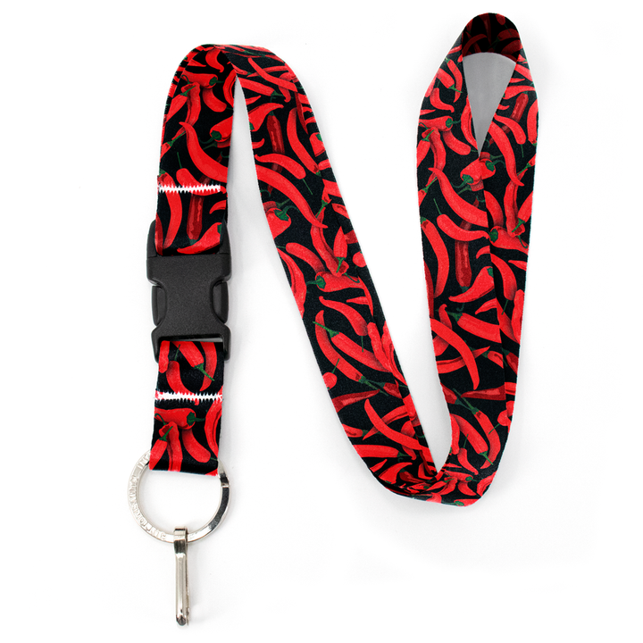 Chili Peppers Black Premium Lanyard - with Buckle and Flat Ring - Made in the USA