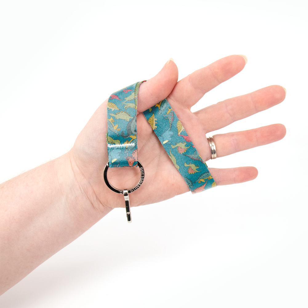 Dinosaurs Blue Wristlet Lanyard - Short Length with Flat Key Ring and Clip - Made in the USA