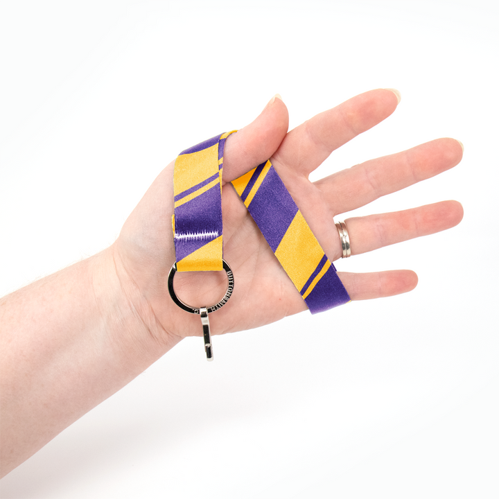 Purple Gold Stripes Wristlet Lanyard - Short Length with Flat Key Ring and Clip - Made in the USA