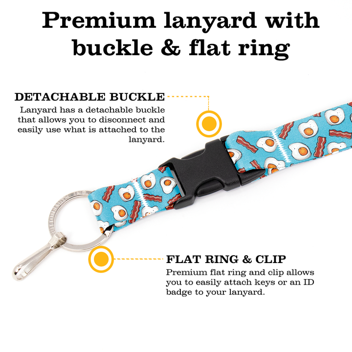 Bacon and Eggs Premium Lanyard - with Buckle and Flat Ring - Made in the USA