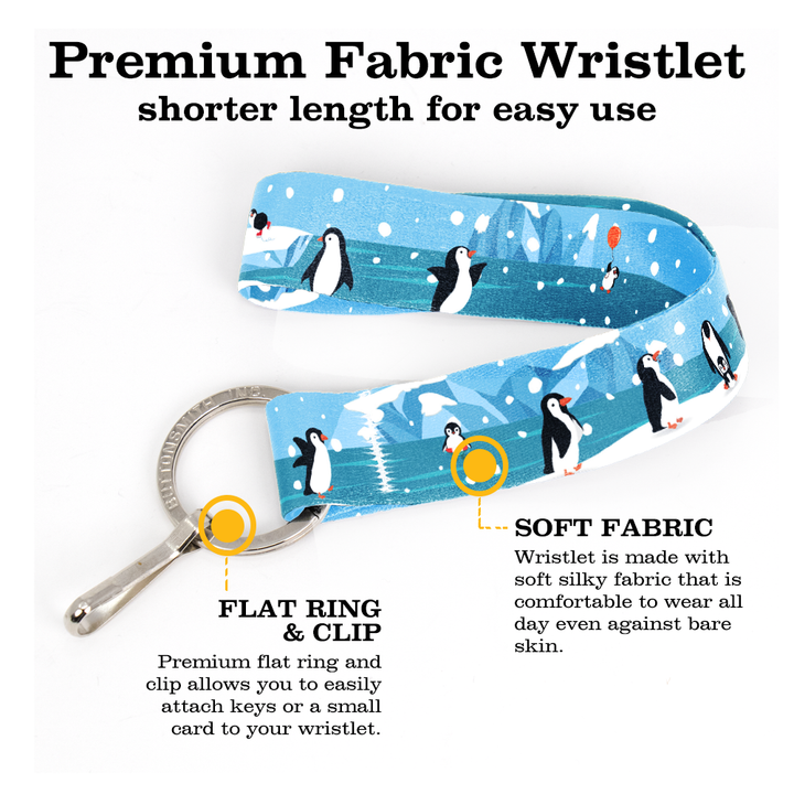 Penguins Wristlet Lanyard - Short Length with Flat Key Ring and Clip - Made in the USA