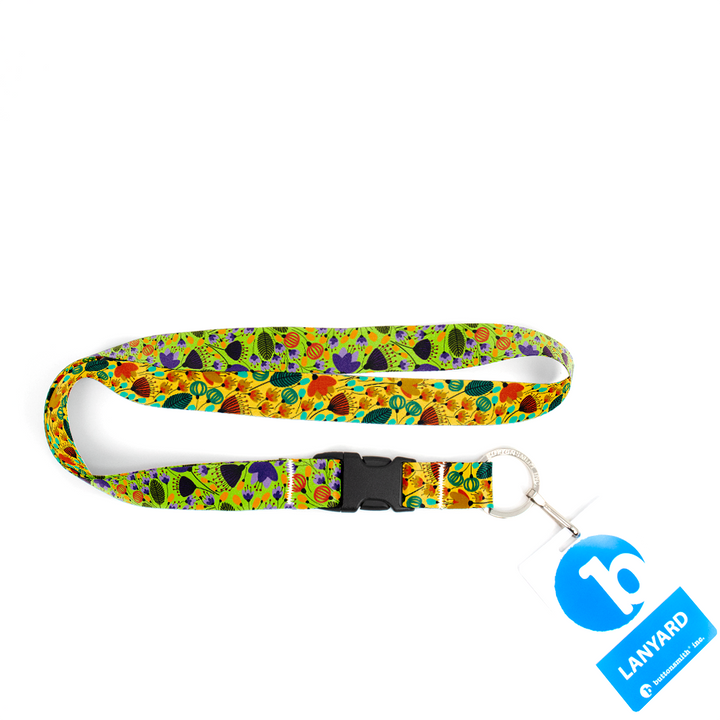 Green & Purple Flowers Premium Lanyard - with Buckle and Flat Ring - Made in the USA