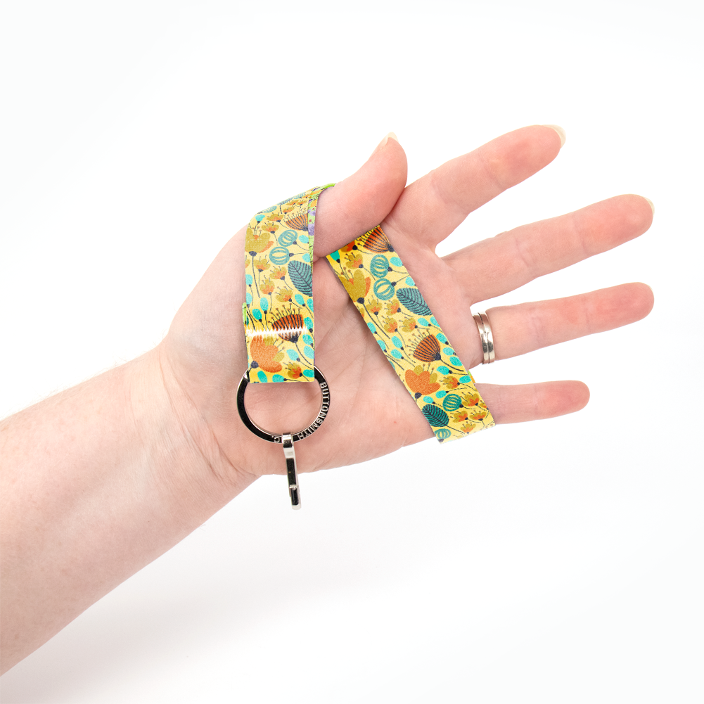 Orange & Aqua Flowers Wristlet Lanyard - Short Length with Flat Key Ring and Clip - Made in the USA