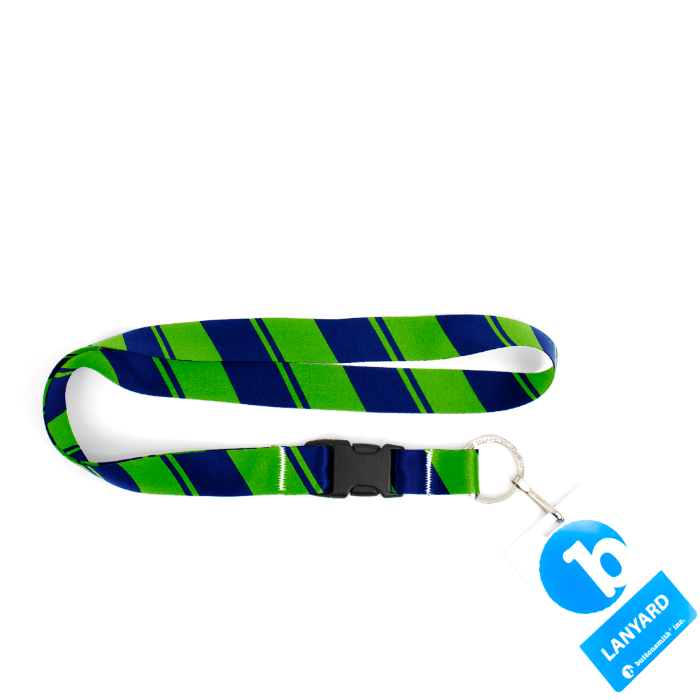 Blue Green Stripes Premium Lanyard - with Buckle and Flat Ring - Made in the USA