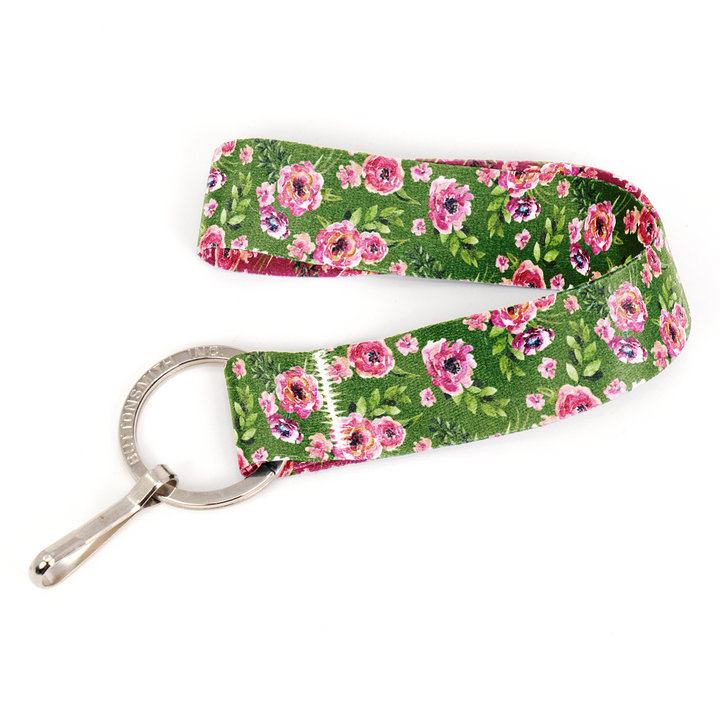 Peonies Green Wristlet Lanyard - Short Length with Flat Key Ring and Clip - Made in the USA