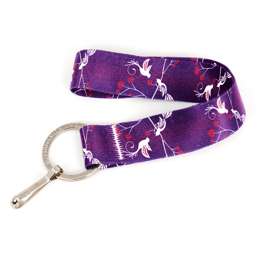 Love Birds Purple Wristlet Lanyard - Short Length with Flat Key Ring and Clip - Made in the USA