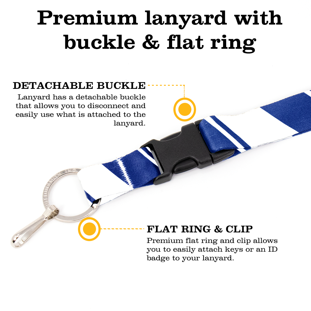 Blue White Stripes Premium Lanyard - with Buckle and Flat Ring - Made in the USA