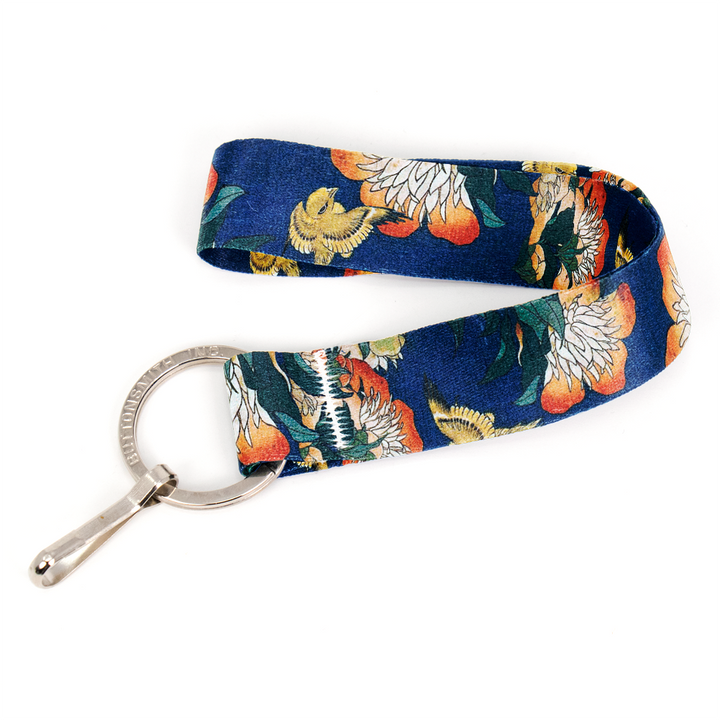 Hokusai Canary And Peony Wristlet Lanyard - Short Length with Flat Key Ring and Clip - Made in the USA