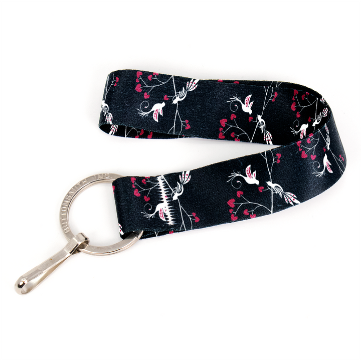 Love Birds Black Wristlet Lanyard - Short Length with Flat Key Ring and Clip - Made in the USA