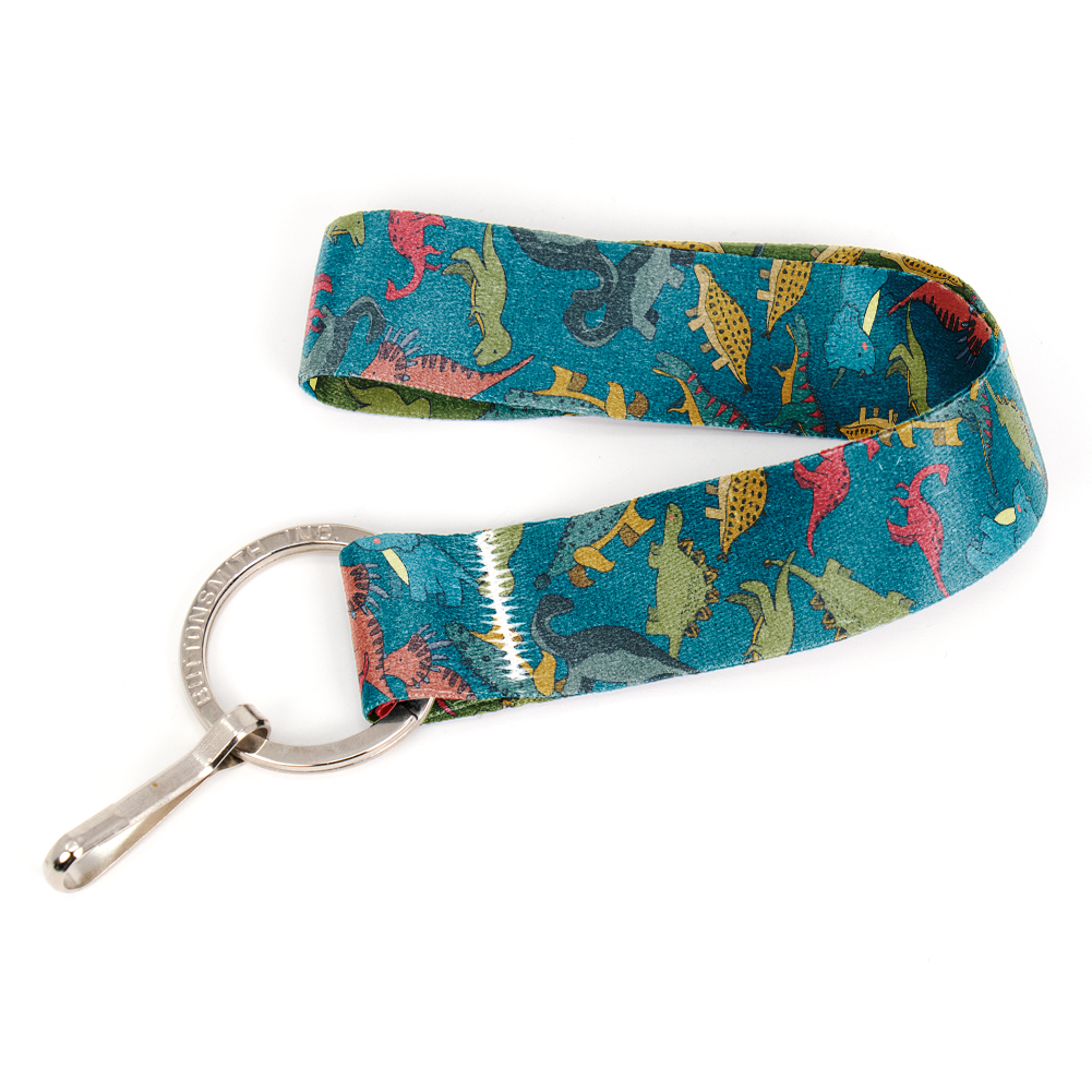 Dinosaurs Blue Wristlet Lanyard - Short Length with Flat Key Ring and Clip - Made in the USA