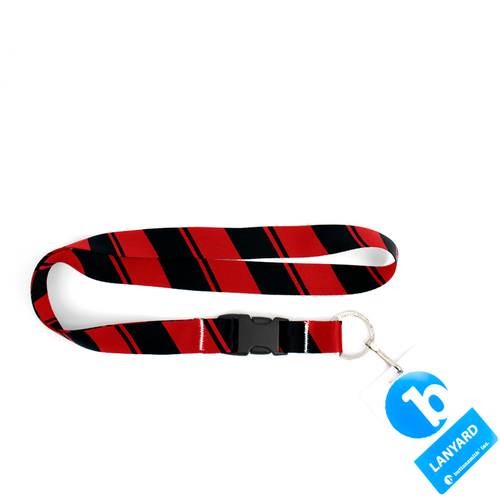 Red Black Stripes Premium Lanyard - with Buckle and Flat Ring - Made in the USA