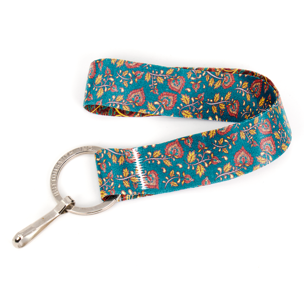 Kalimkari Aqua Wristlet Lanyard - Short Length with Flat Key Ring and Clip - Made in the USA