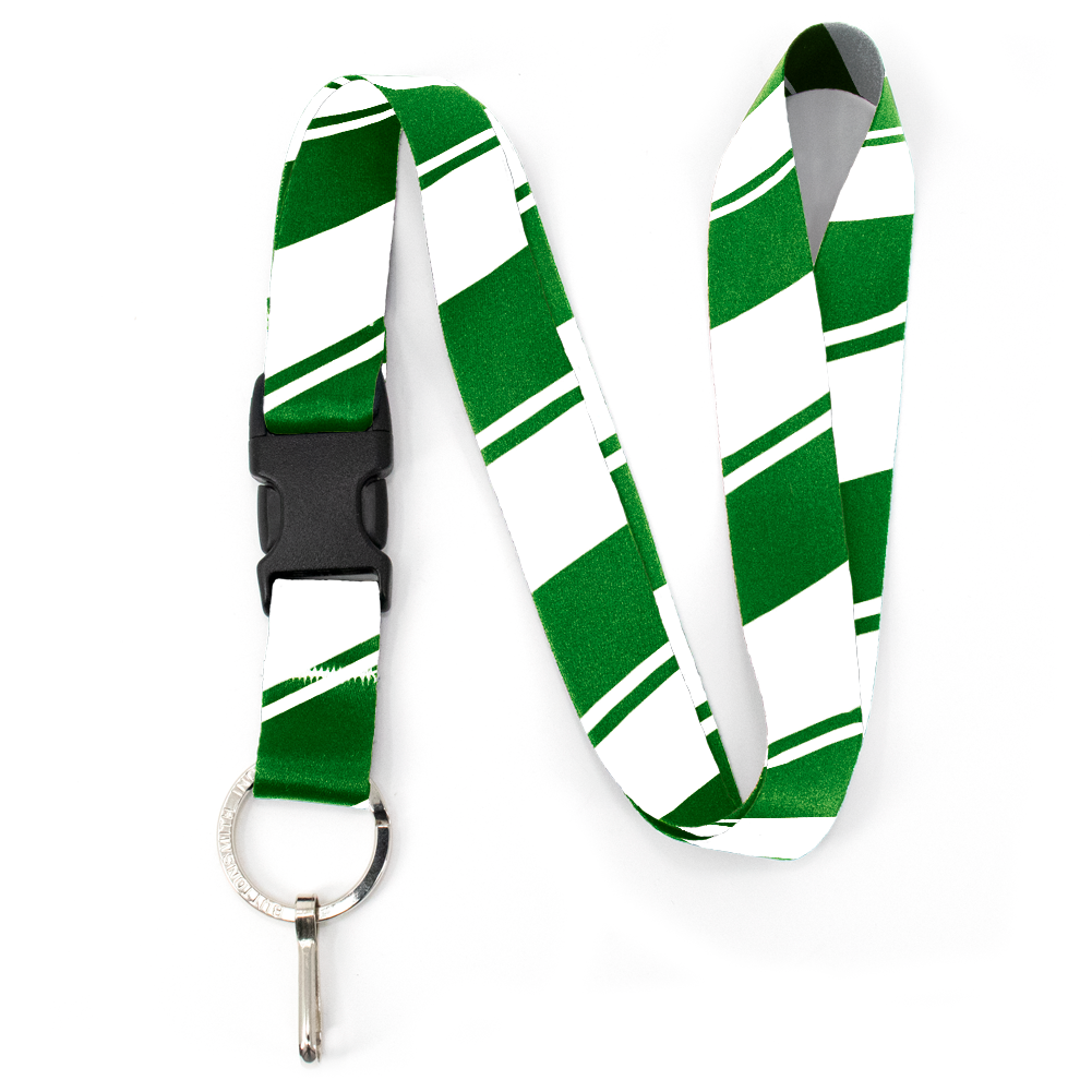 Green White Stripes Premium Lanyard - with Buckle and Flat Ring - Made in the USA