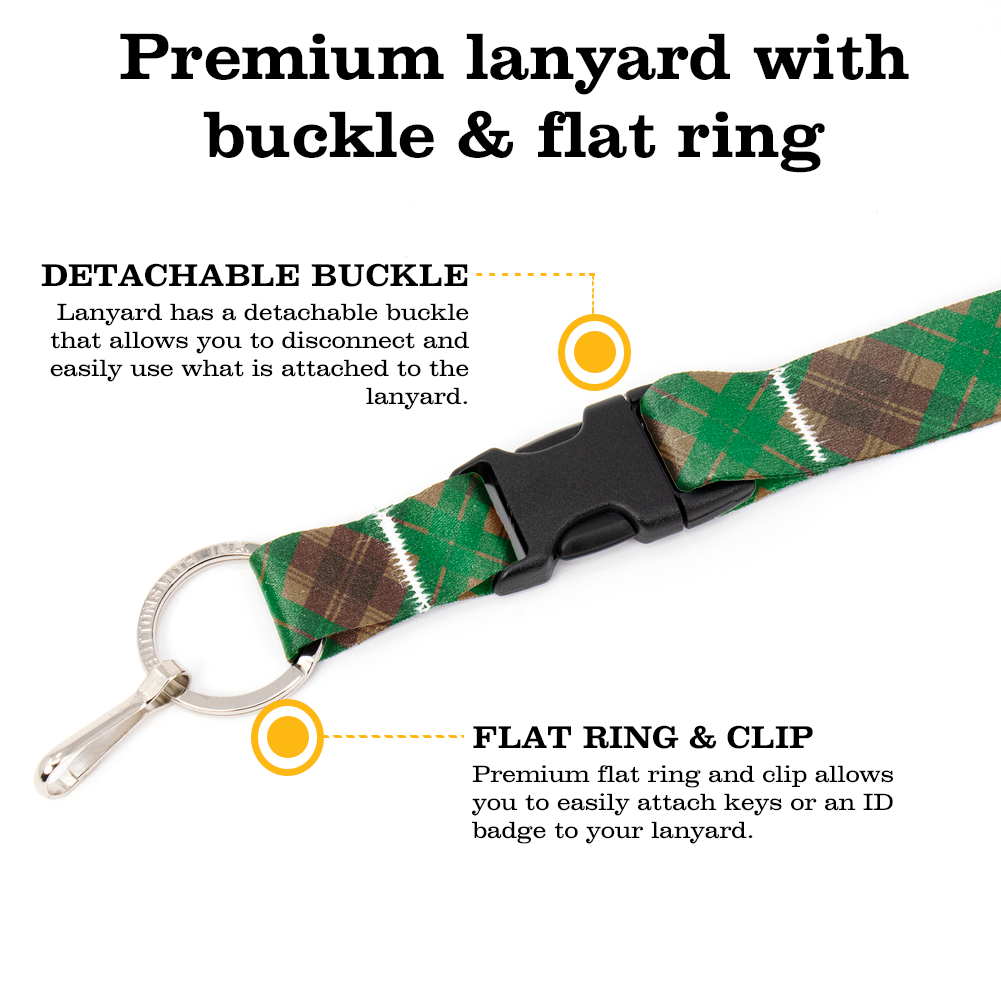 Tyneside Green Plaid Premium Lanyard - with Buckle and Flat Ring - Made in the USA