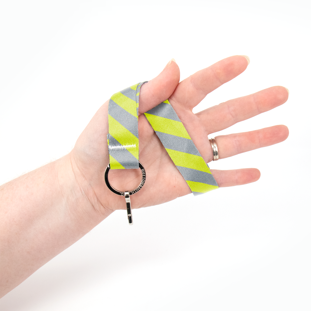 Pewter Lime Stripes Wristlet Lanyard - Short Length with Flat Key Ring and Clip - Made in the USA