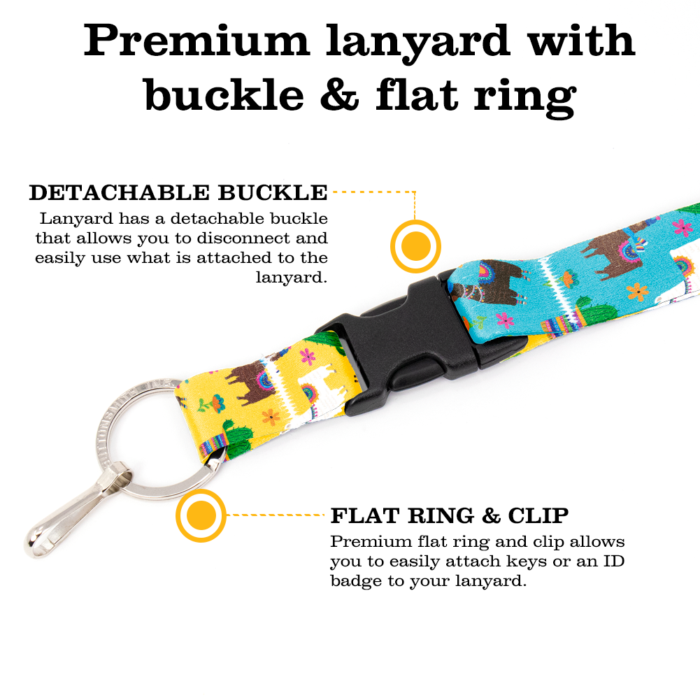 Llama Rama Blue Premium Lanyard - with Buckle and Flat Ring - Made in the USA