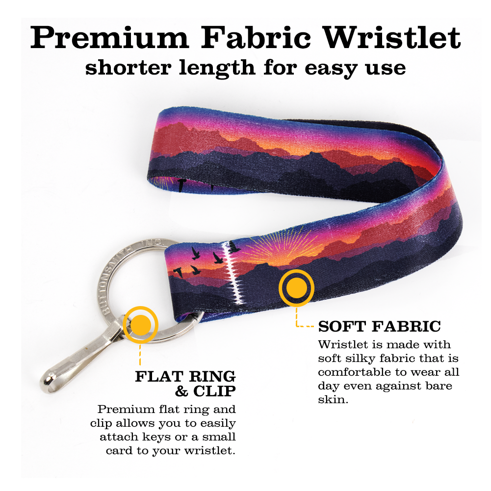 Mountain Sunset Wristlet Lanyard - Short Length with Flat Key Ring and Clip - Made in the USA