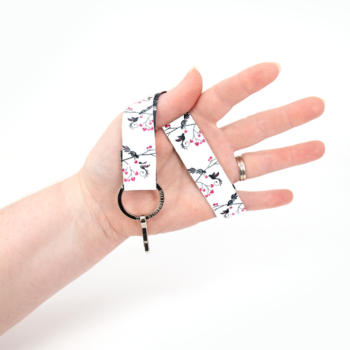 Love Birds Black & White Wristlet Lanyard - Short Length with Flat Key Ring and Clip - Made in the USA