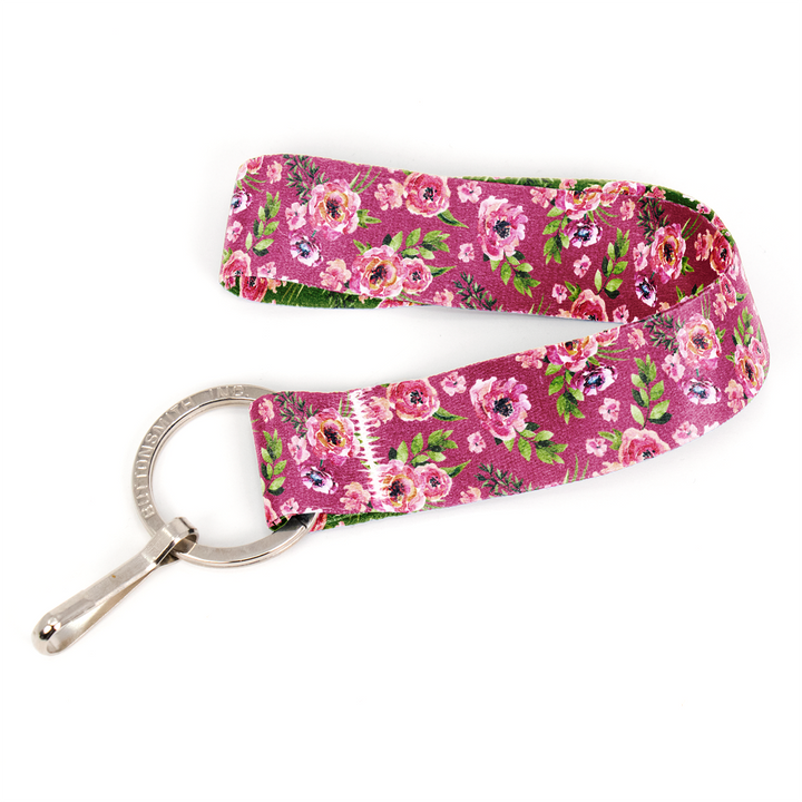 Peonies Pink Wristlet Lanyard - Short Length with Flat Key Ring and Clip - Made in the USA