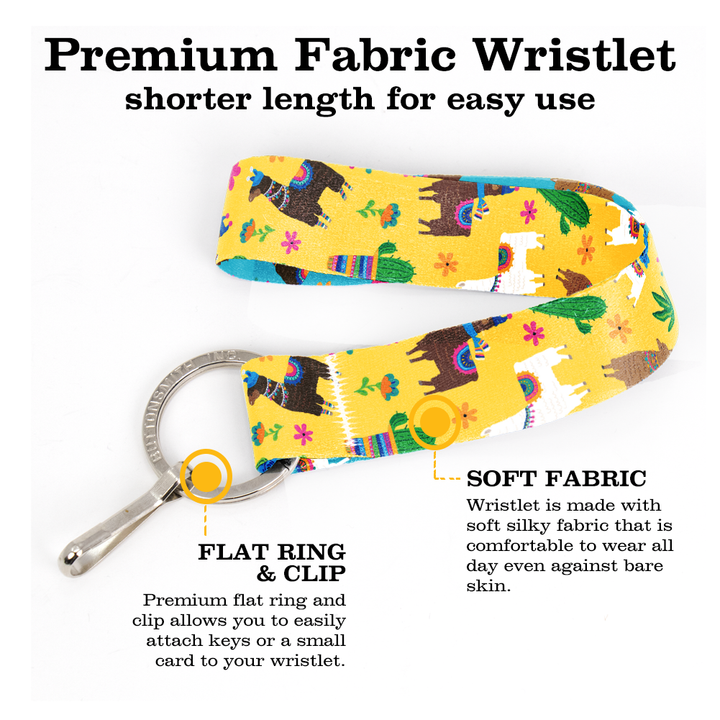 Llama Rama Yellow Wristlet Lanyard - Short Length with Flat Key Ring and Clip - Made in the USA