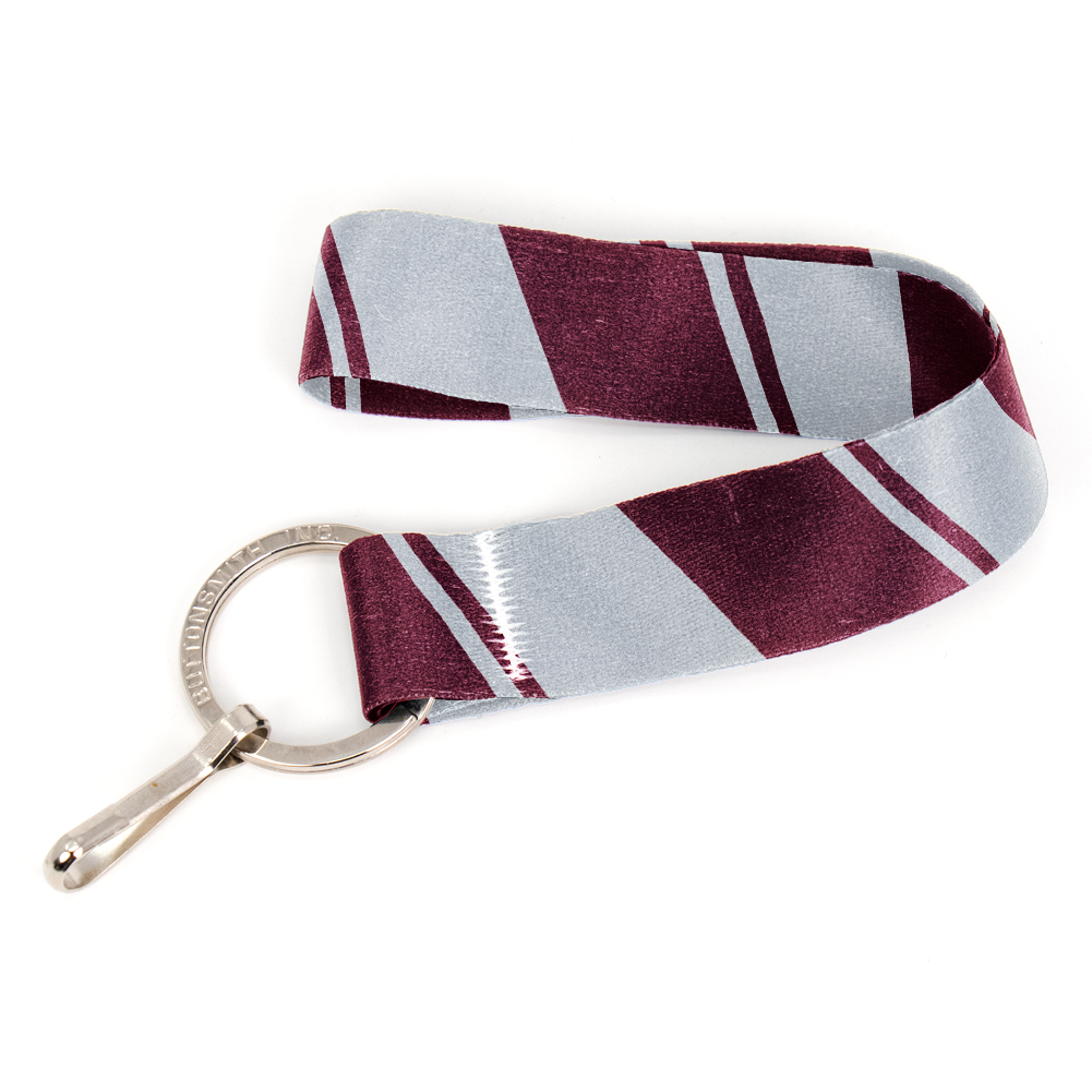 Maroon Grey Stripes Wristlet Lanyard - Short Length with Flat Key Ring and Clip - Made in the USA