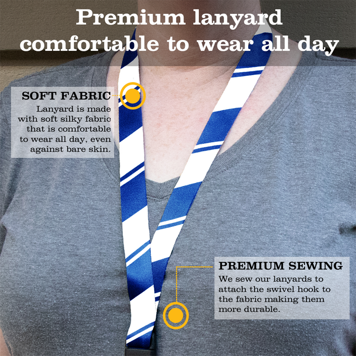 Blue White Stripes Premium Lanyard - with Buckle and Flat Ring - Made in the USA