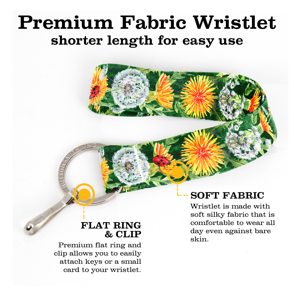 Dandelion Wishes Wristlet Lanyard - Short Length with Flat Key Ring and Clip - Made in the USA