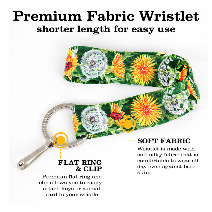 Dandelion Wishes Wristlet Lanyard - Short Length with Flat Key Ring and Clip - Made in the USA