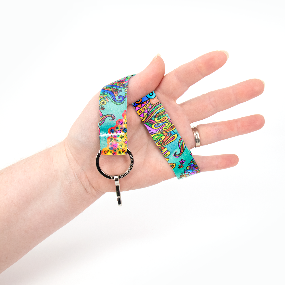 Watercolor Doodles Wristlet Lanyard - Short Length with Flat Key Ring and Clip - Made in the USA