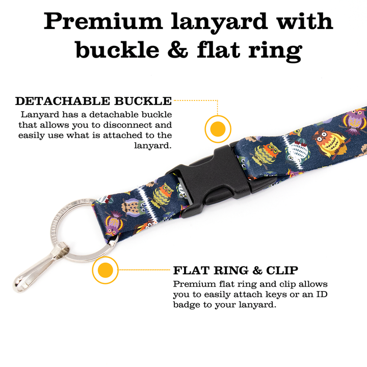 Wise Owls Premium Lanyard - with Buckle and Flat Ring - Made in the USA