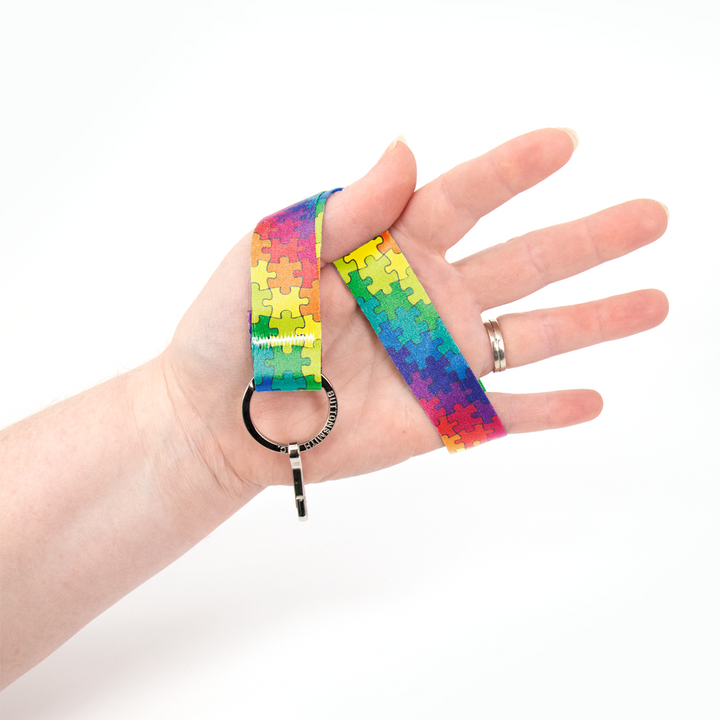 Rainbow Puzzle Wristlet Lanyard - Short Length with Flat Key Ring and Clip - Made in the USA