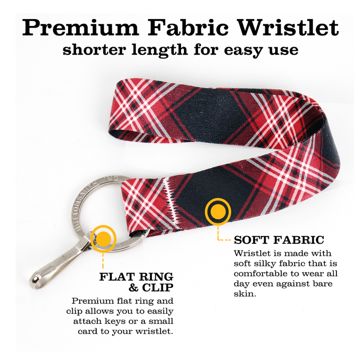 Tweedside Red Plaid Wristlet Lanyard - Short Length with Flat Key Ring and Clip - Made in the USA