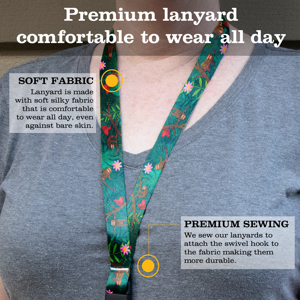 Happy Sloths Premium Lanyard - with Buckle and Flat Ring - Made in the USA