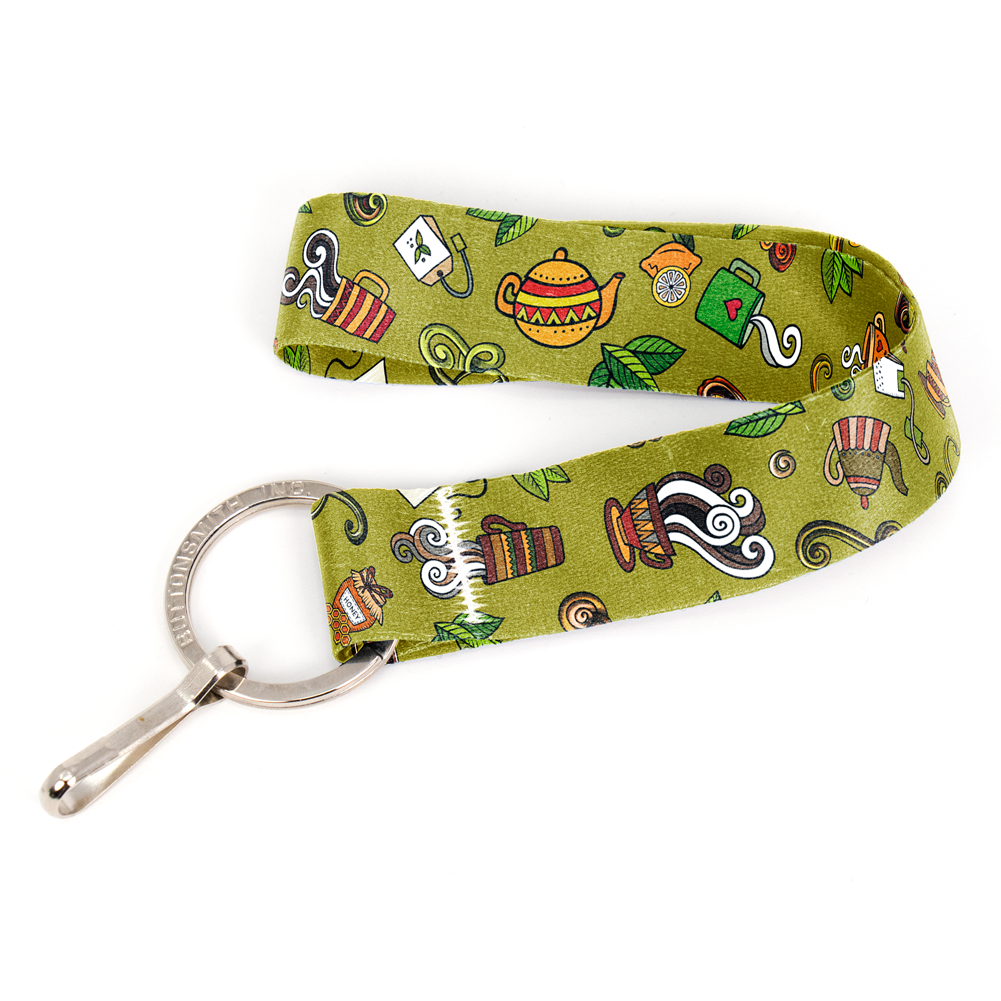 Tea Time Green Wristlet Lanyard - Short Length with Flat Key Ring and Clip - Made in the USA