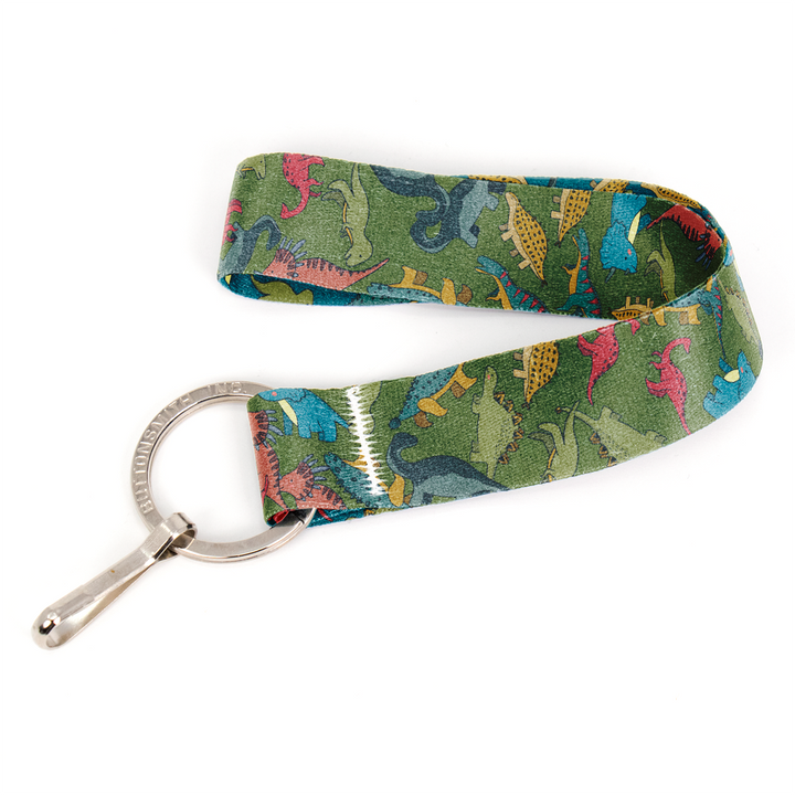 Dinosaurs Green Wristlet Lanyard - Short Length with Flat Key Ring and Clip - Made in the USA