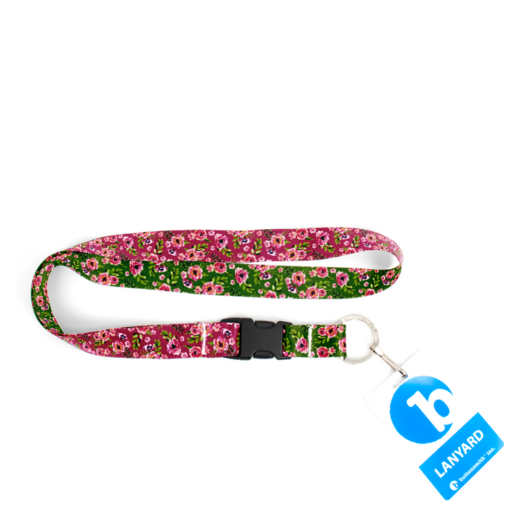 Peonies Pink Premium Lanyard - with Buckle and Flat Ring - Made in the USA