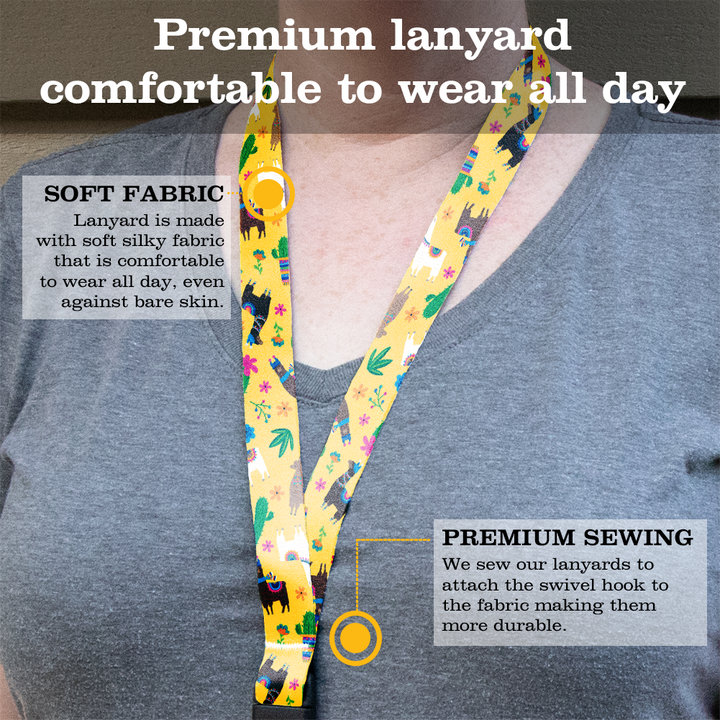 Llama Rama Yellow Premium Lanyard - with Buckle and Flat Ring - Made in the USA