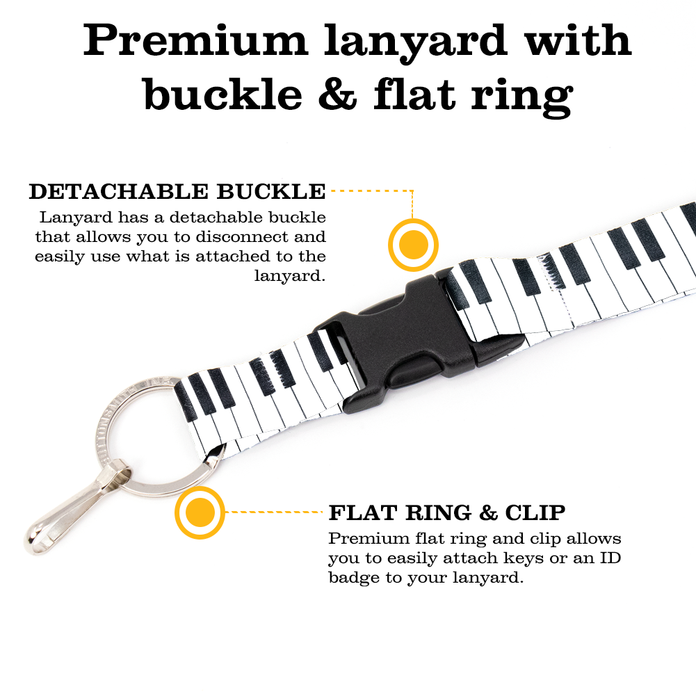 Piano Keys Premium Lanyard - with Buckle and Flat Ring - Made in the USA