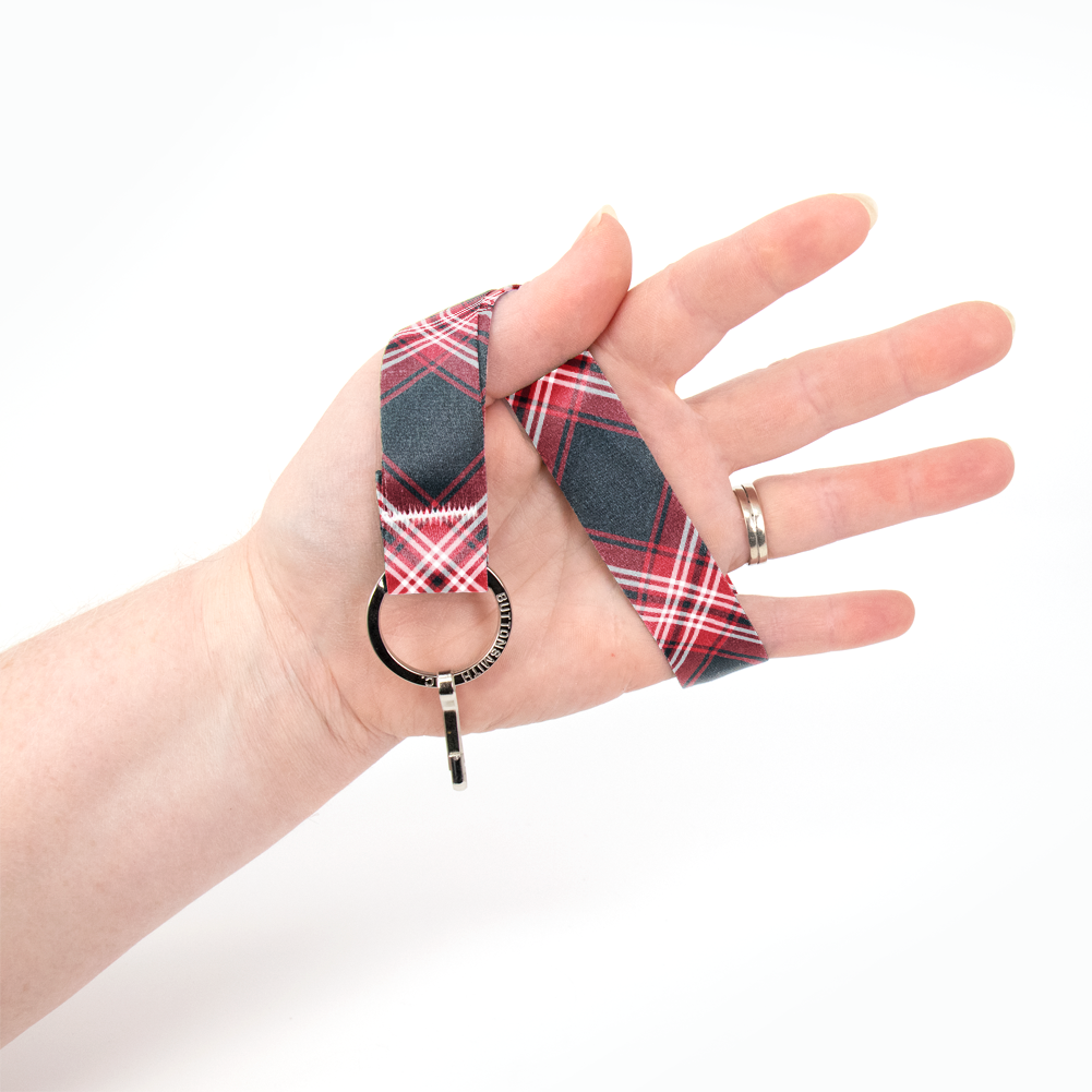 Tweedside Red Plaid Wristlet Lanyard - Short Length with Flat Key Ring and Clip - Made in the USA