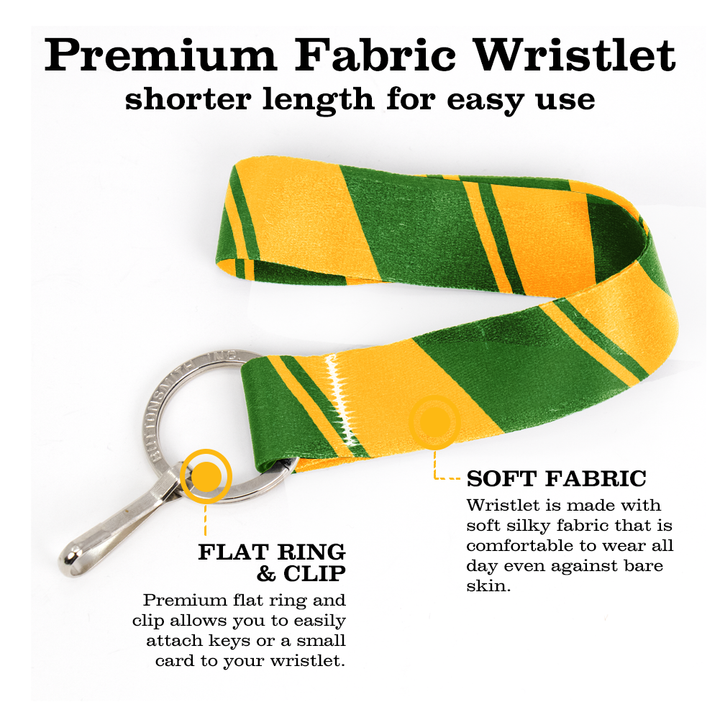 Green Yellow Stripes Wristlet Lanyard - Short Length with Flat Key Ring and Clip - Made in the USA