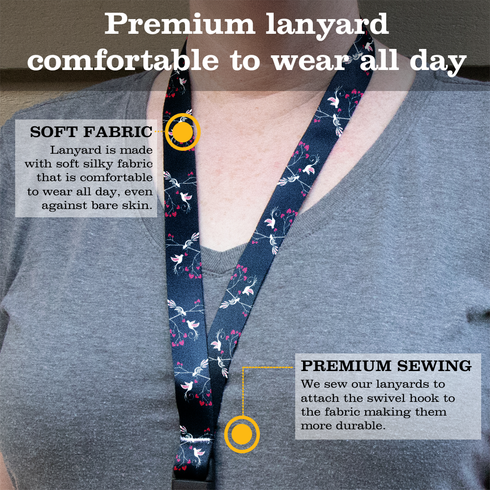 Lovebirds Black Premium Lanyard - with Buckle and Flat Ring - Made in the USA