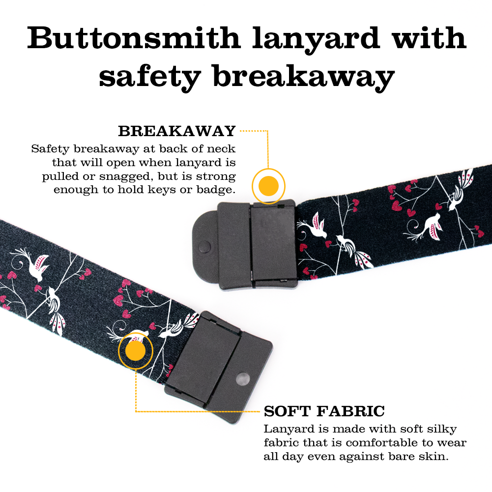 Lovebirds Black Breakaway Lanyard - with Buckle and Flat Ring - Made in the USA