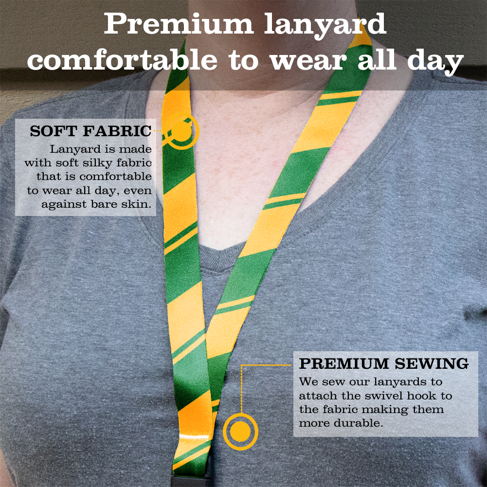 Green Yellow Stripes Premium Lanyard - with Buckle and Flat Ring - Made in the USA