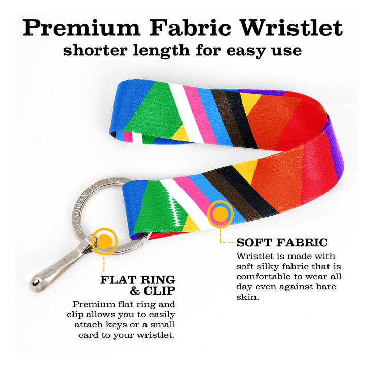 Rainbow Plus Pride Wristlet Lanyard - Short Length with Flat Key Ring and Clip - Made in the USA