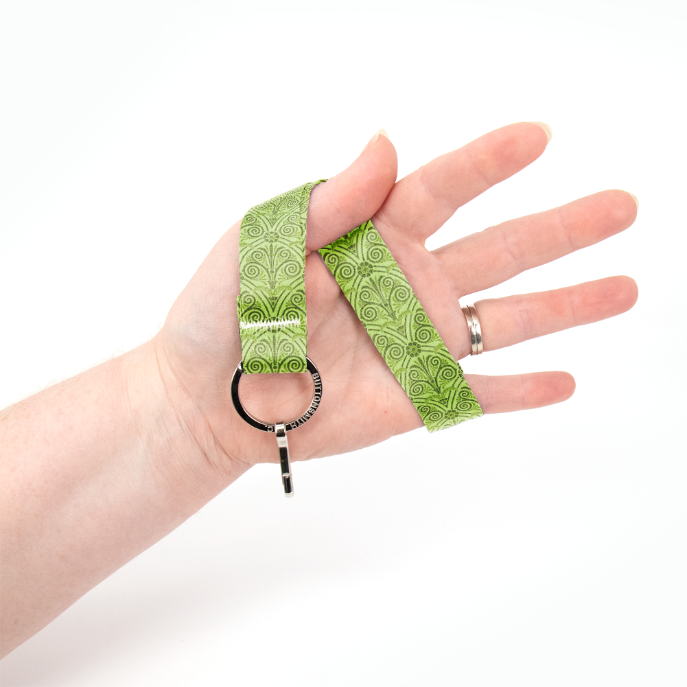 Greek Swirls Olive Wristlet Lanyard - Short Length with Flat Key Ring and Clip - Made in the USA