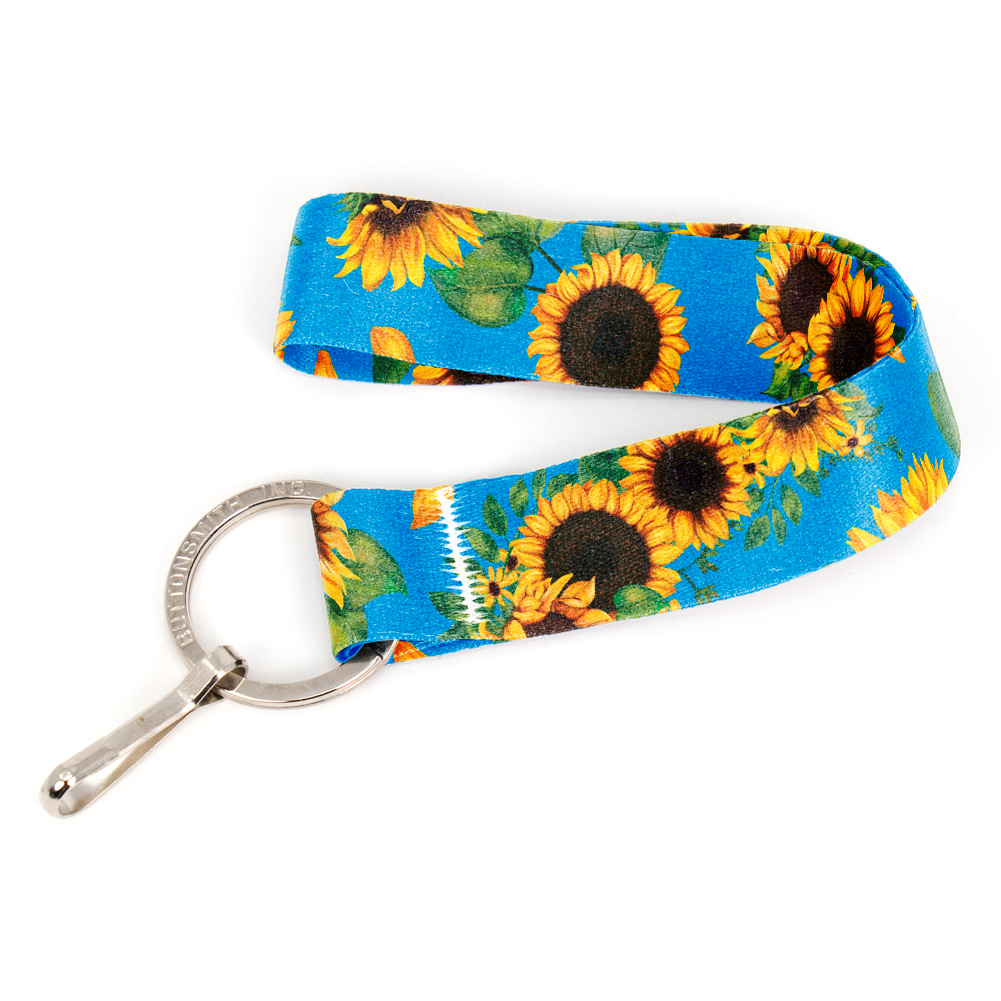 Disability Sunflowers Wristlet Lanyard - Short Length with Flat Key Ring and Clip - Made in the USA