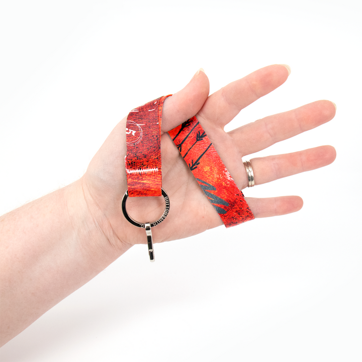 Red Grunge Wristlet Lanyard - Short Length with Flat Key Ring and Clip - Made in the USA