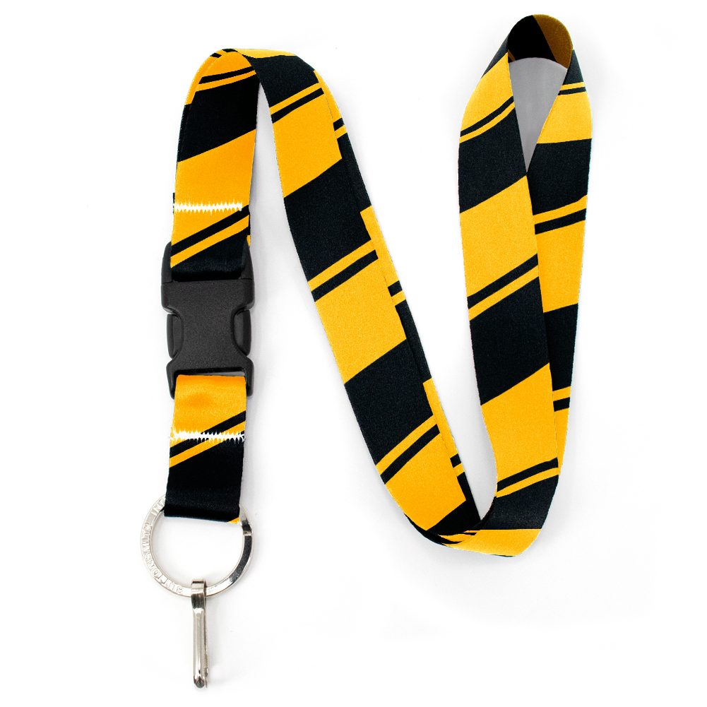 Black Yellow Stripes Premium Lanyard - with Buckle and Flat Ring - Made in the USA